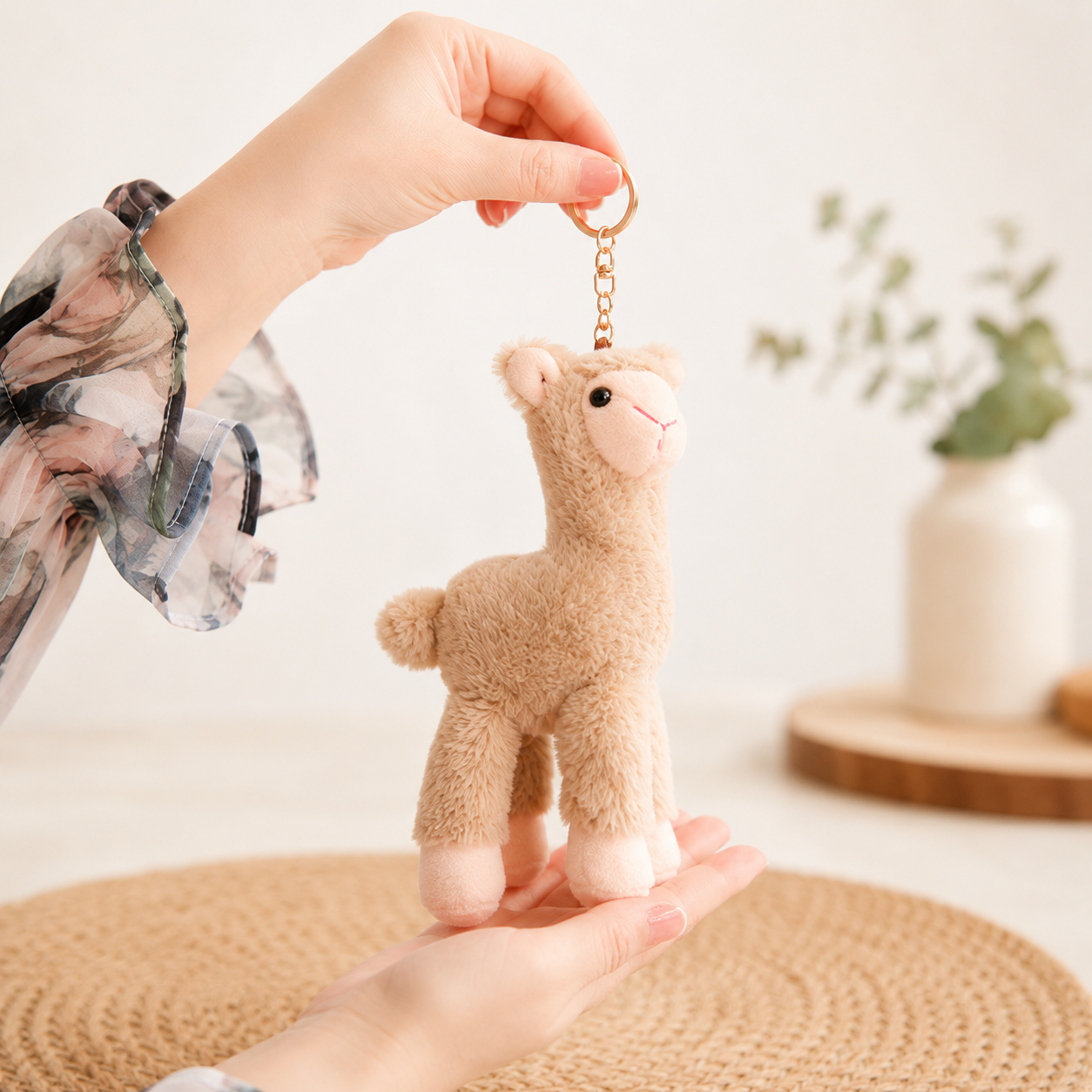 Hand holding a small brown alpaca toy with a keychain, blurred indoor background