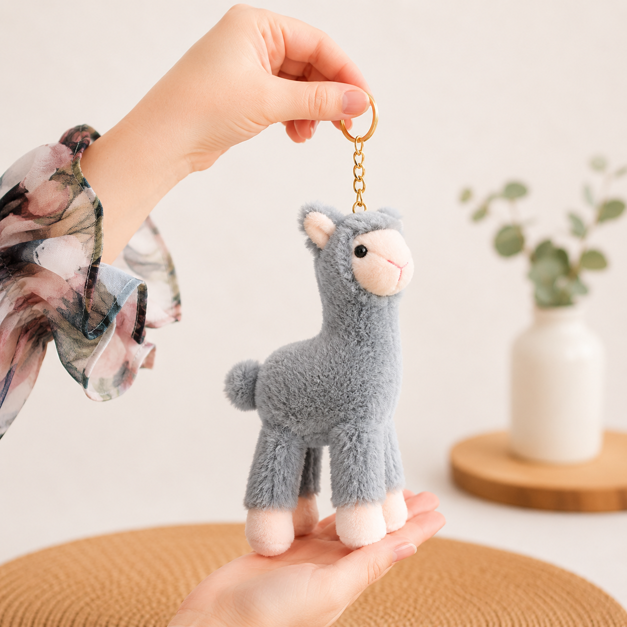 Gray plush alpaca keychain held by a hand with a blurred background