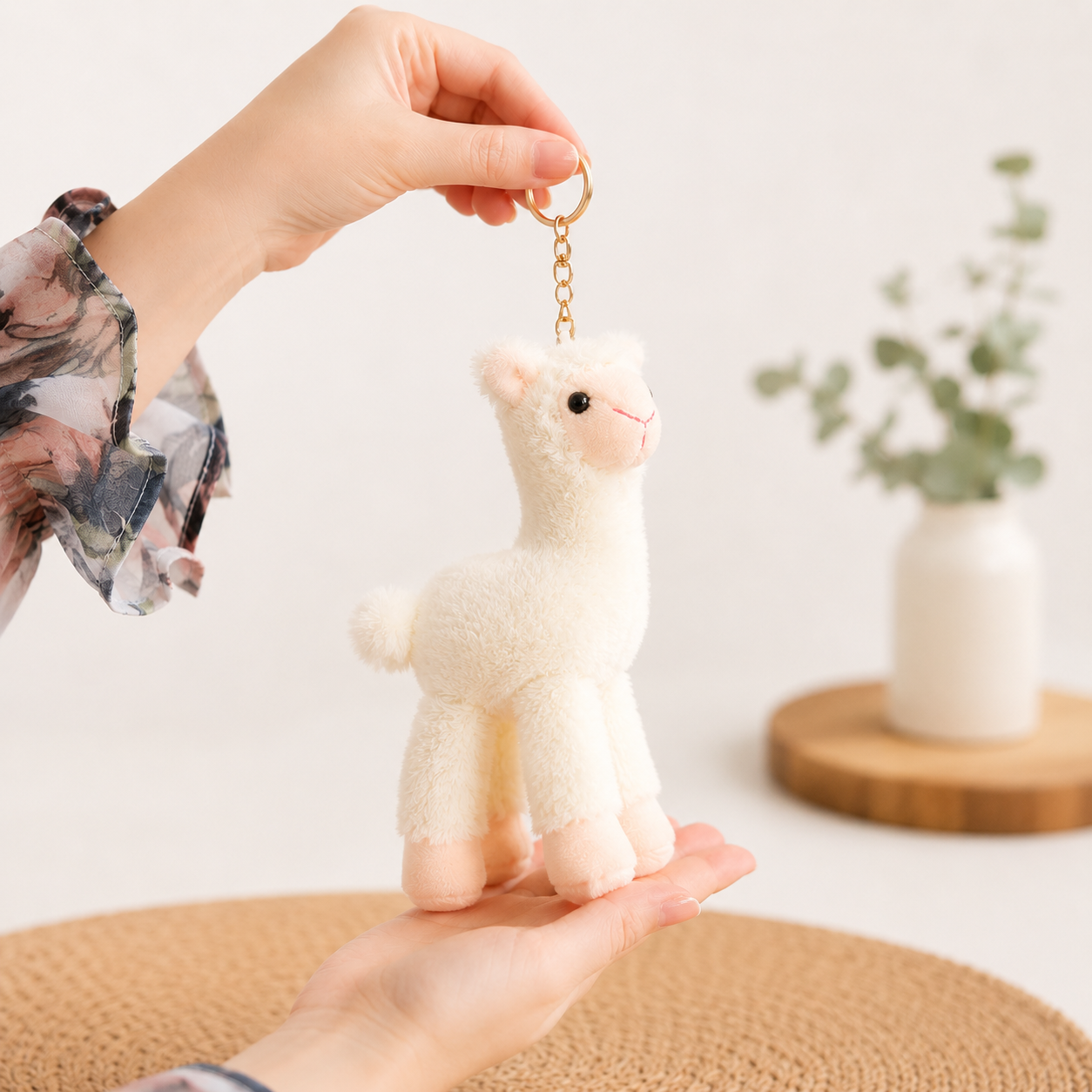 White plush alpaca keychain held by a hand with a blurred background