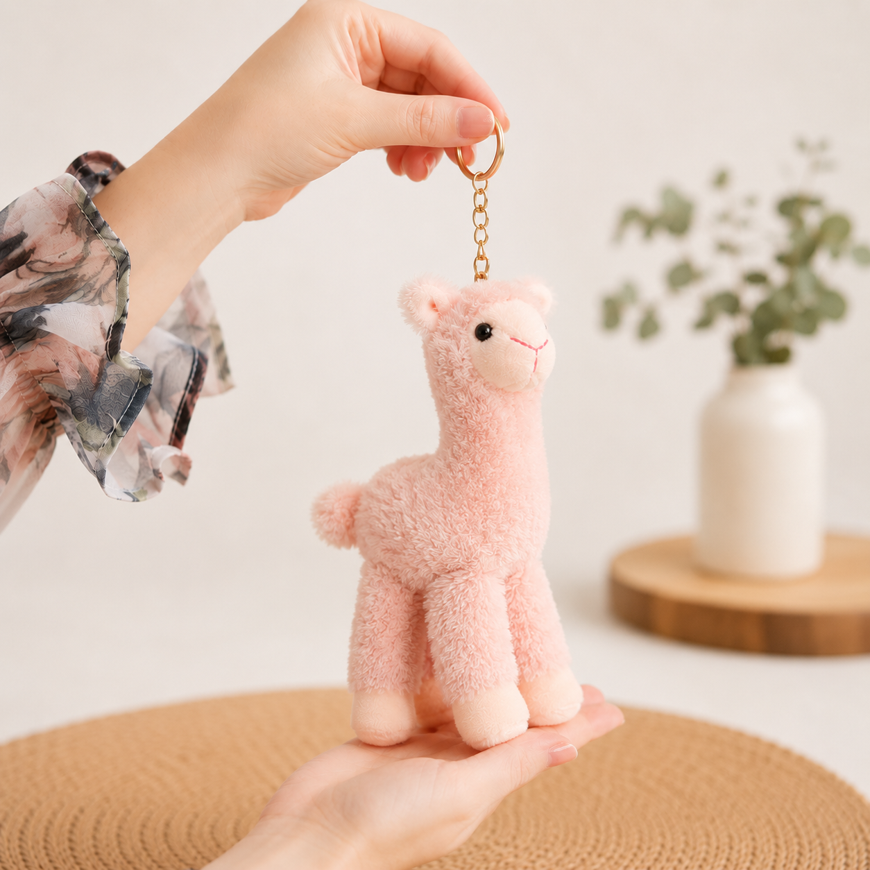 Pink plush alpaca keychain held by a hand with a blurred background