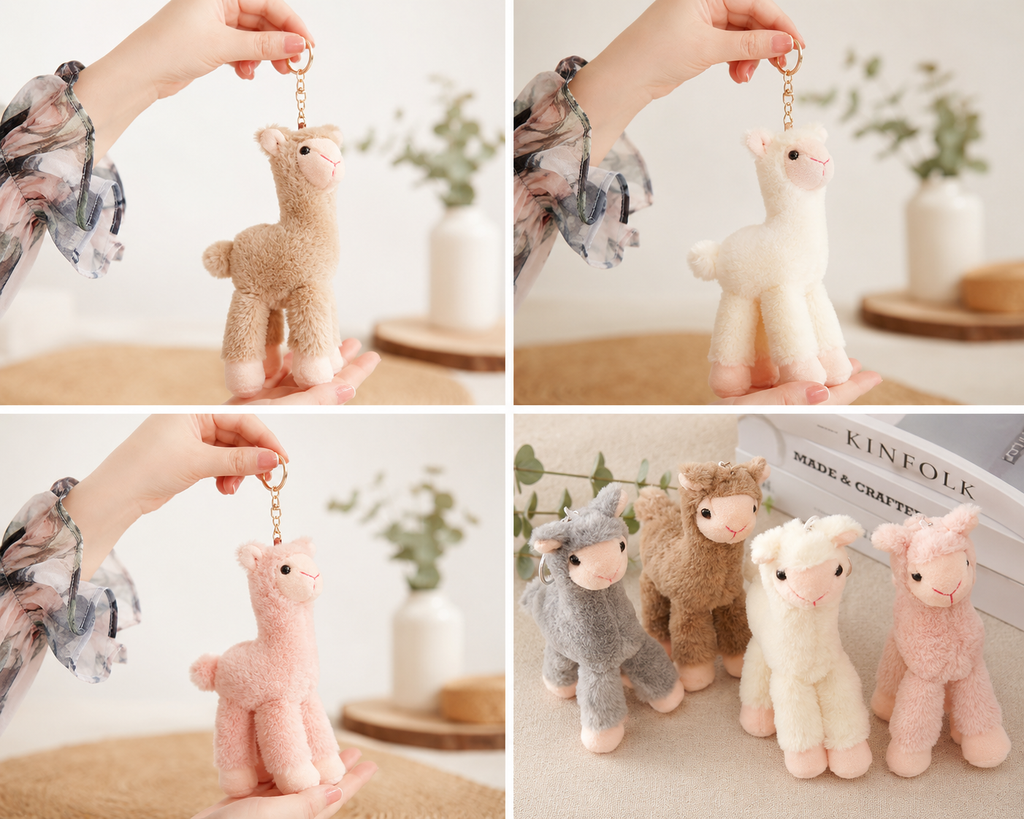 Set of four images showing a hand holding a small plush llama keychain, with additional llamas in the background.